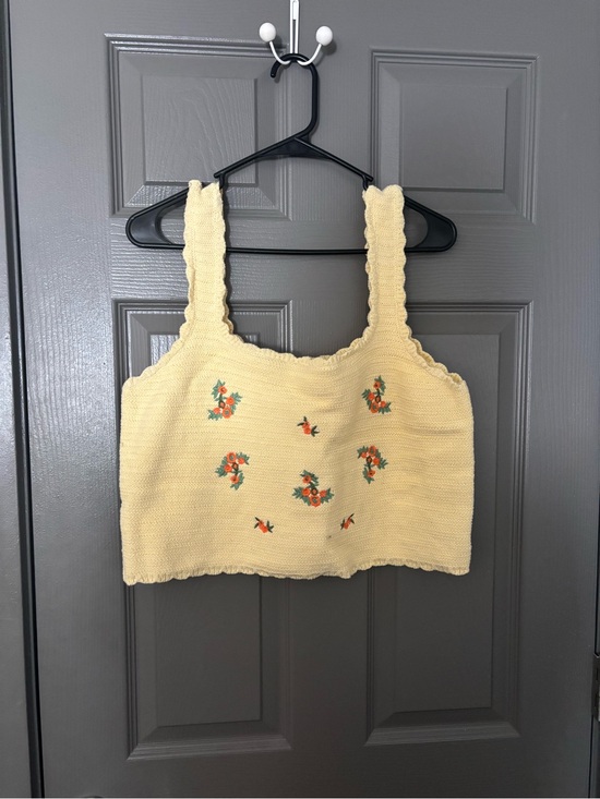 Cider Tops - Cider Pale Yellow Knit Tank with Orange Floral Embroidery